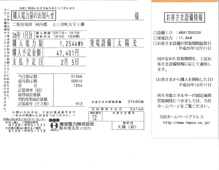 自宅の太陽光売電報告１月